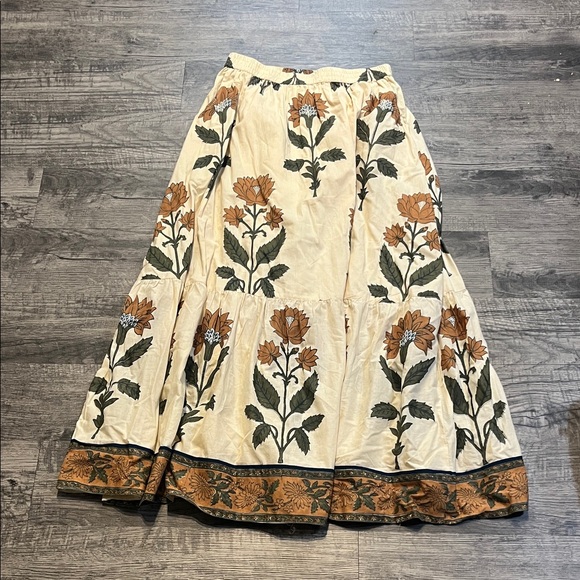 Sue Sartor Dresses & Skirts - Sue Sartor Cream Floral Tiered Maxi Skirt with Green and Brown Motif